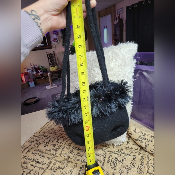 Handcrafted black felted Wool bag fuzzy trim 19×10 ×8 - Picture 4 of 10